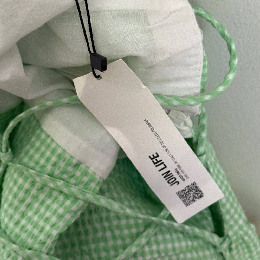 NWT Zara Lace Up Back Mini Dress Puff Sleeve Gingham Green and White Size Medium - Picture 11 of 12